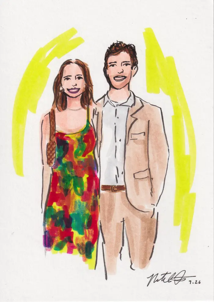 Hand-painted fashion illustration: Couple in a colorful dress and a tan jacket