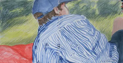 Watercolor painting of a person with long hair wearing a blue cap and striped shirt, sitting outdoors on grass with a red blanket nearby.