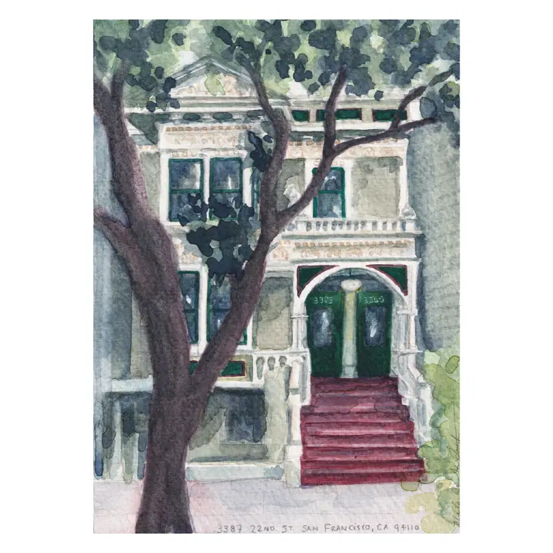 Watercolor painting of a Victorian-style house with a front porch, green door, and red stairs, partially obscured by a large tree with dark green leaves in San Francisco, California.