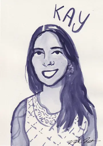 A hand-drawn portrait of a woman with long dark hair, smiling, with the name 'KAY' written above her head, featuring intricate patterns on her clothing.