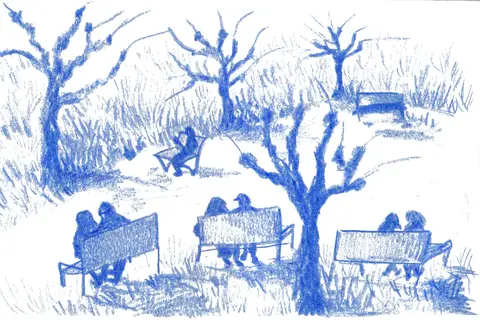Blue pencil drawing of people sitting on park benches among bare trees.