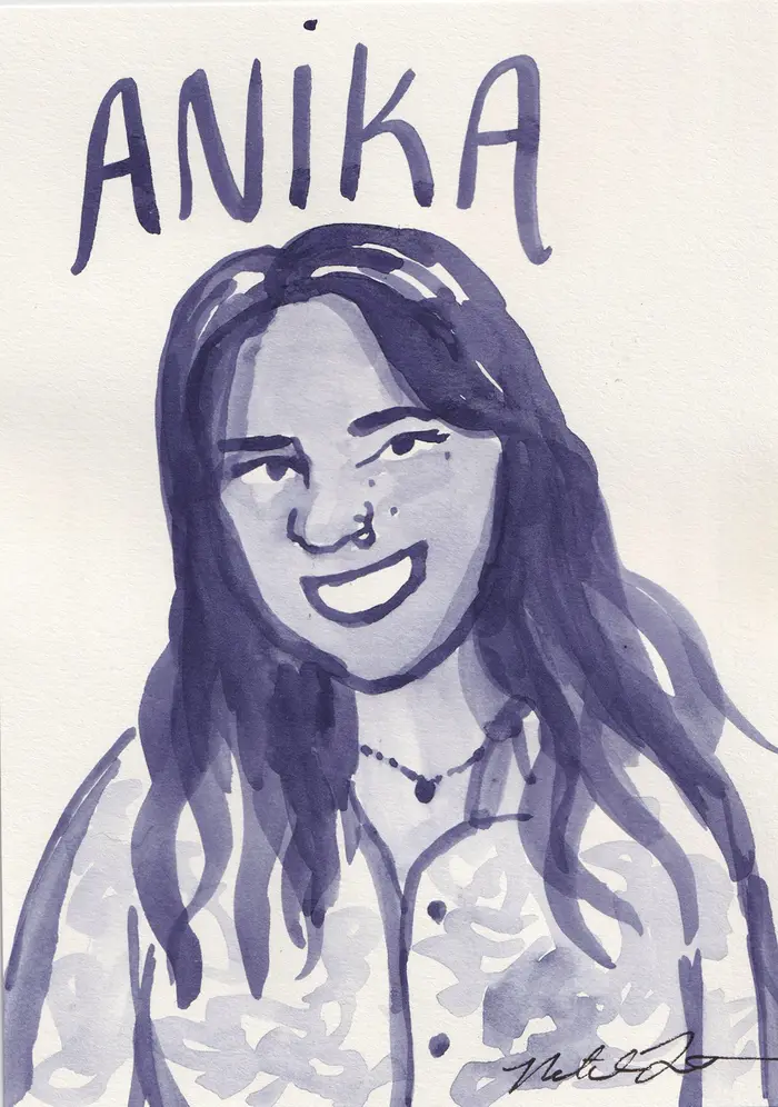 Watercolor portrait of a young woman with long hair, smiling, wearing a necklace and a top, with the name 'ANIKA' written above her head.