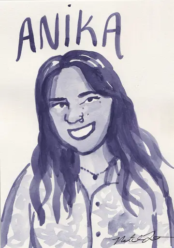 Watercolor portrait of a young woman with long hair, smiling, wearing a necklace and a top, with the name 'ANIKA' written above her head.