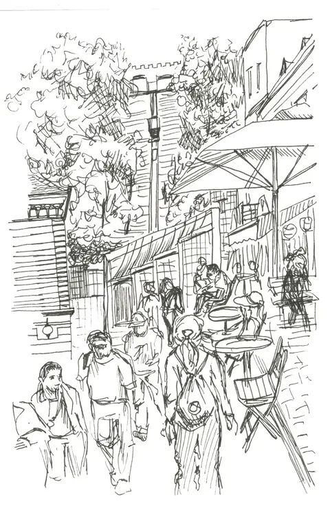 Line drawing of people walking past outdoor cafe tables and buildings in Ljubljana.