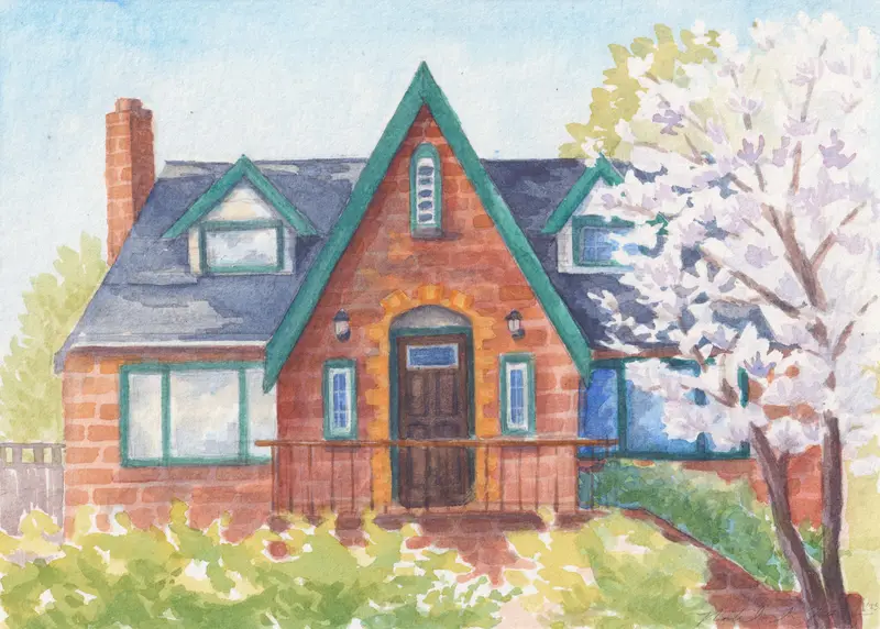 Watercolor painting of a beloved childhood home. Important details are included, including the brick house with a steep roof, green trims, and chimney, surrounded by flowering trees and green shrubbery.
