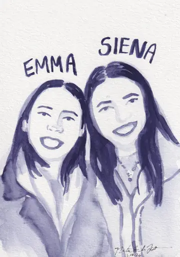 Watercolor painting of two women with long dark hair smiling, labeled 'Emma' and 'Siena'.