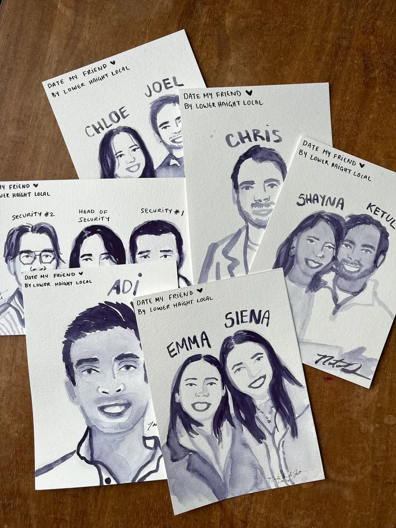 A stack of finished monochrome guest portraits on archival paper, each headed with the event name hand-lettered at the top