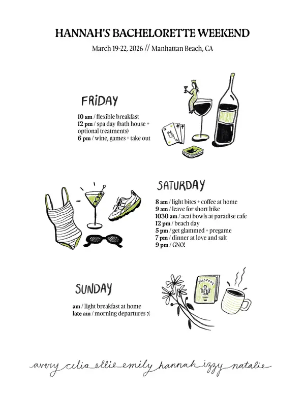 A handwritten weekend itinerary for Hannah's Bachelorette Weekend, March 19-22, 2026, at Manhattan Beach, CA, including daily plans with drawings of drinks, clothing, a passport, and a cup of coffee.
