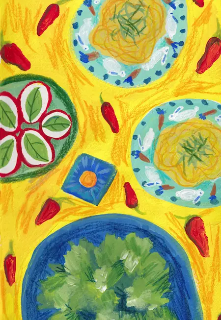 Colorful overhead illustration of a yellow tablescape with blue plates of pasta, radishes, leafy greens, and red peppers.