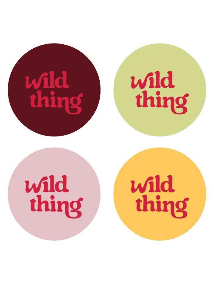 Four circular brand marks in maroon, sage, pink, and marigold from a brand identity project by Natalie