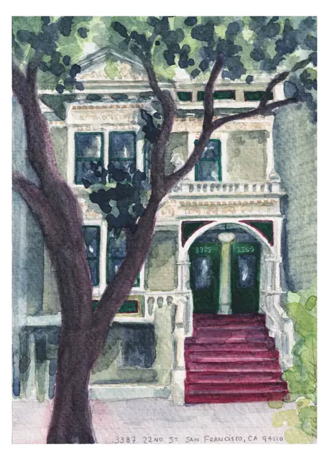 Watercolor print of a Victorian house with green doors, red front steps, and a large leafy tree in the foreground.