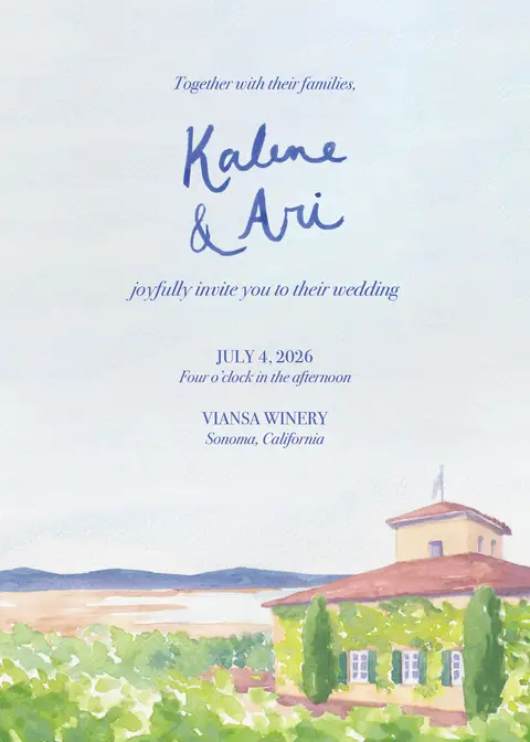Wedding invitation with watercolor illustration of a vineyard house, green trees, and a distant landscape, with text inviting Kalene and Aeri to their wedding at Viansa Winery in Sonoma, California on July 4, 2026.