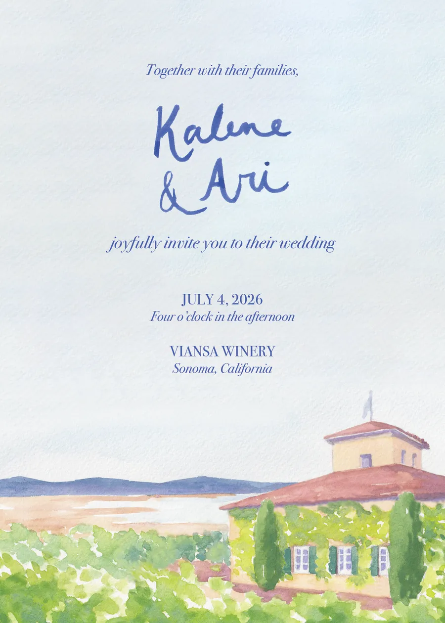 Wedding invitation with watercolor illustration of a vineyard house, green trees, and a distant landscape, with text inviting Kalene and Aeri to their wedding at Viansa Winery in Sonoma, California on July 4, 2026.