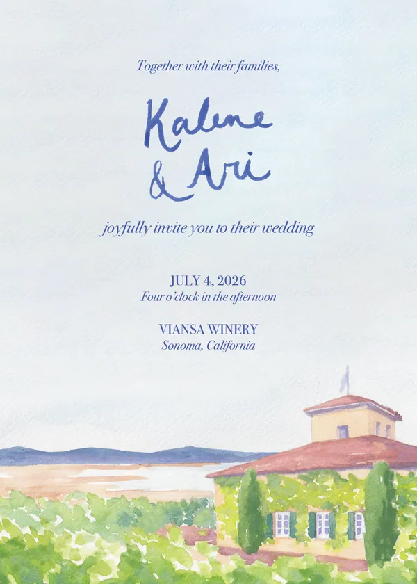 Wedding invitation with watercolor illustration of a vineyard house, green trees, and a distant landscape, with text inviting Kalene and Aeri to their wedding at Viansa Winery in Sonoma, California on July 4, 2026.