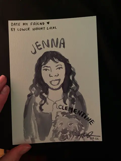 A five-minute watercolor portrait of a guest and her small dog, with their names hand-lettered above them