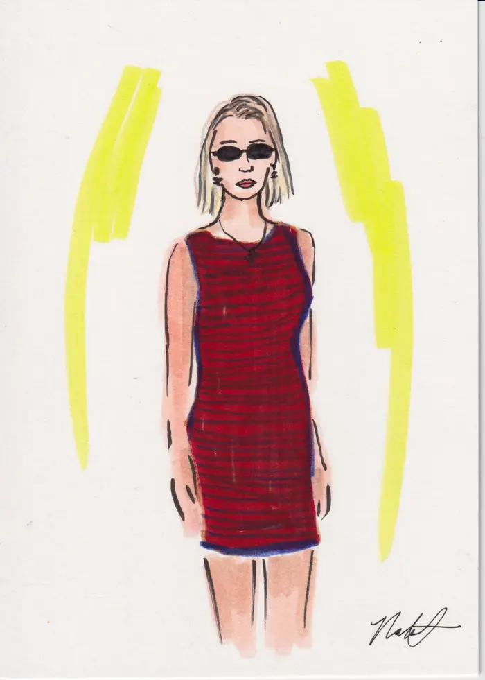 Hand-painted fashion illustration: Woman in sunglasses and a red striped dress