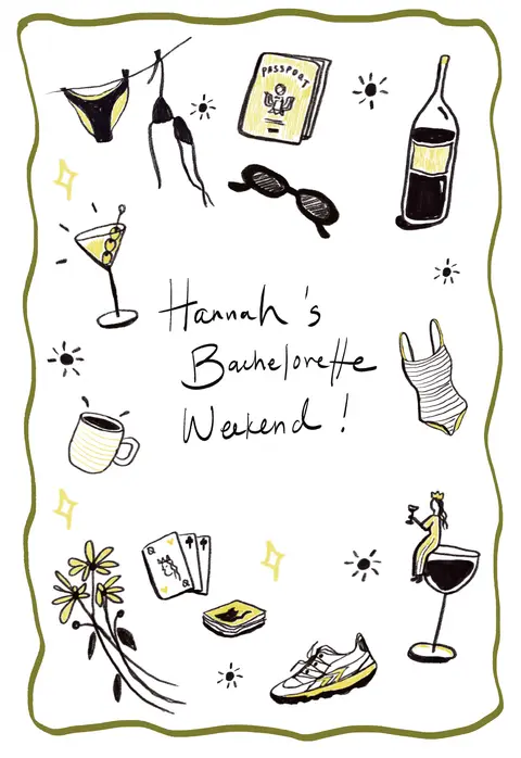 Hand-drawn Hannah’s Bachelorette Weekend illustration with a green wavy border, yellow and black drawings of cocktails, swimwear, sunglasses, flowers, playing cards, and a sneaker.
