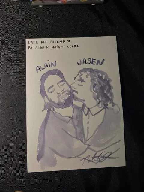 A loose monochrome watercolor portrait of two guests leaning into each other, painted live in five minutes