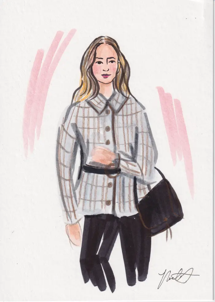 Hand-painted fashion illustration: Woman in a gray plaid jacket carrying a black bag