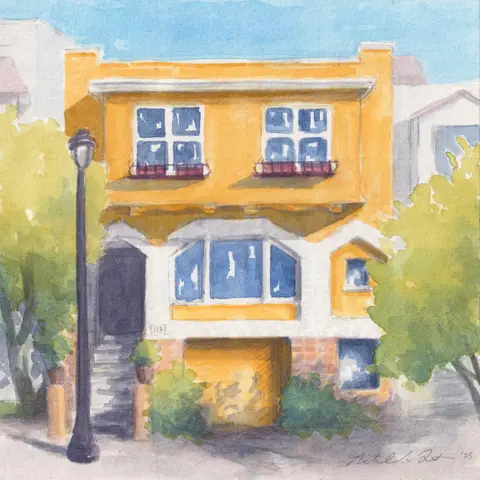 Watercolor portrait of a yellow San Francisco house in Buena Vista with a street lamp and green trees