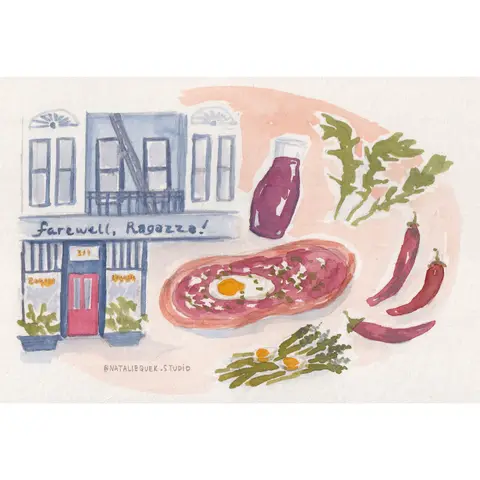Watercolor illustration reading 'Farewell, Ragazza!' showing the restaurant's Divisadero Street facade alongside an egg pizza, wine, arugula, and chilies