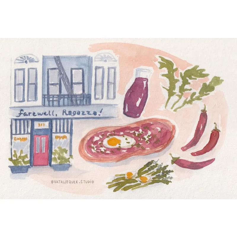 Watercolor illustration reading 'Farewell, Ragazza!' showing the restaurant's Divisadero Street facade alongside an egg pizza, wine, arugula, and chilies