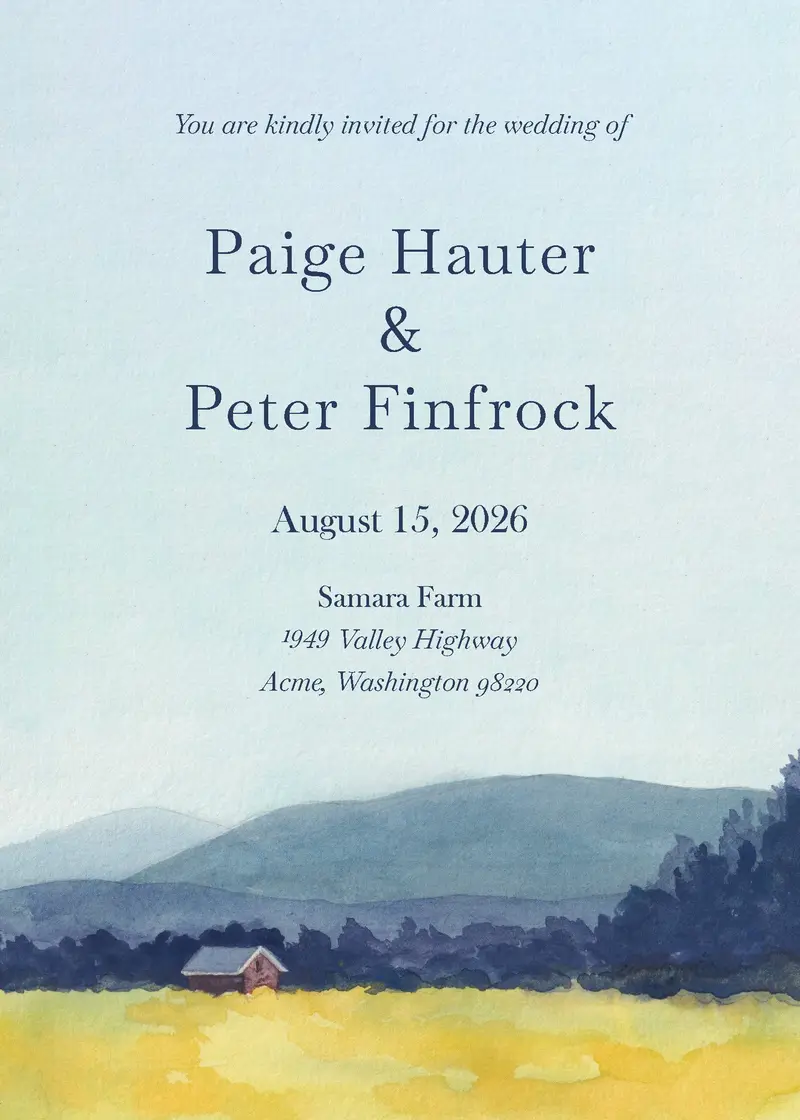 Wedding invitation with a watercolor landscape background featuring rolling hills, a small house, and trees. The text invites to a wedding on August 15, 2026, at Samara Farm in Acme, Washington.