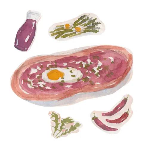 Watercolor spot illustrations of an egg pizza, a carafe of red wine, asparagus, arugula, and chilies