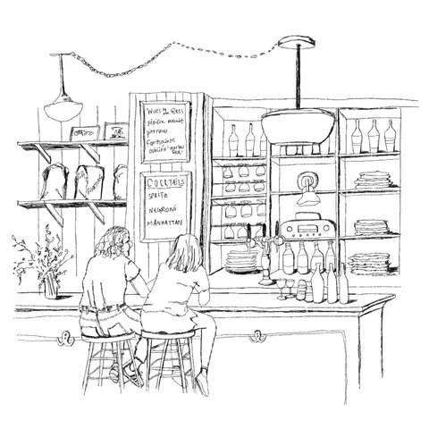 Ink line drawing of two people sitting at a neighborhood bar, with wine lists, glassware, and pendant lights behind the counter
