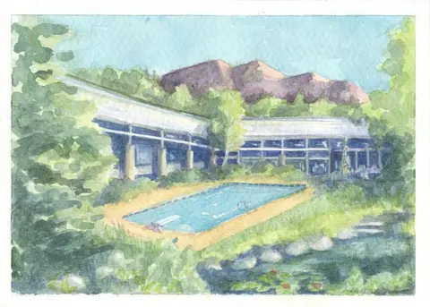 Watercolor painting of a building with large windows surrounded by lush greenery, a small rectangular swimming pool in the yard, and mountains in the background.