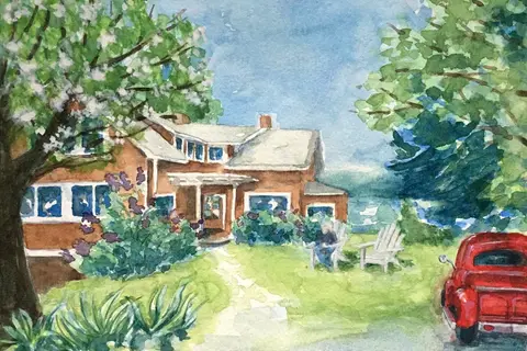 A watercolor painting of a charming house with a porch and a garden. There are trees on both sides, a red vintage car parked on the right, and a view of the water and sky in the background.