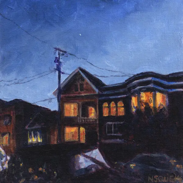 Painting of San Francisco houses at night with warmly lit windows beneath a deep blue sky