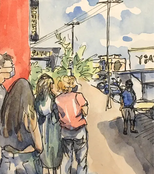 Watercolor street scene with people outside a shop beneath utility wires