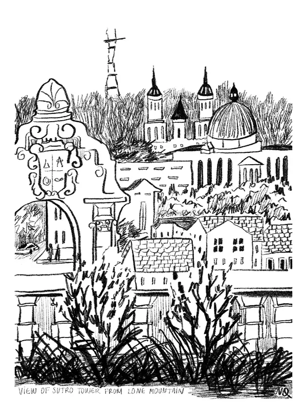 Black-and-white illustration of San Francisco rooftops, trees, and Sutro Tower