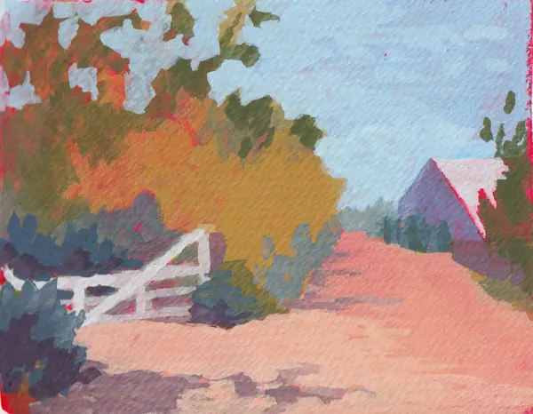Painting of a pink farm lane with a white fence, leafy trees, and a purple barn beneath a blue sky