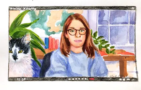 Illustrated portrait of a woman in glasses beside a cat, with plants and windows behind her