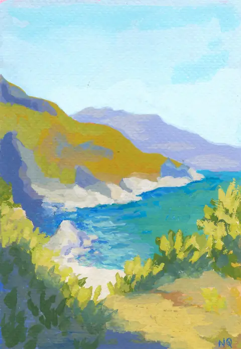 Painting of the Zingaro coast in Sicily, with turquoise water, rocky cliffs, and green hills beneath a pale blue sky